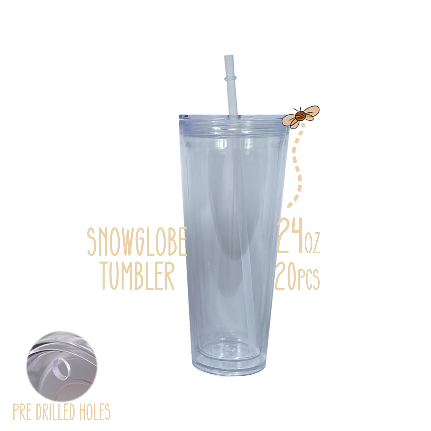 Clear 24oz SnowGlobe Tumbler PreDrilled Hole 20PCS